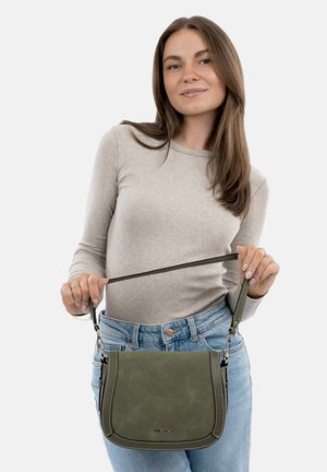 Green leather crossbody bag with contrast stitching, rectangular shape, and a detachable strap. Smooth texture, sturdy hardware.