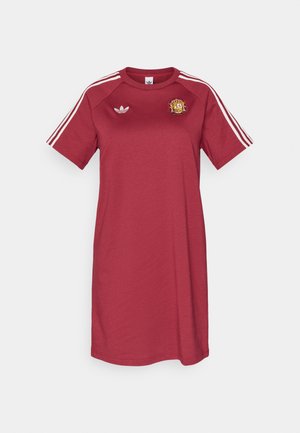 Red athletic dress with short sleeves, round neckline, white three-stripe accents on shoulders, and embroidered logo on the chest.