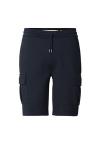 Shorts cargo bleu marine en tissu doux avec une ceinture élastique, un cordon de serrage ajustable et deux poches latérales. Lavable en machine.