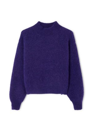 Purple knit sweater with a high neckline, oversized silhouette, and textured finish. Long, balloon-style sleeves and ribbed cuffs.