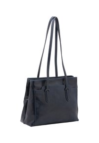 Borsa a tote in pelle navy con due manici lunghi, forma rettangolare, texture liscia e impunture a contrasto lungo i bordi.