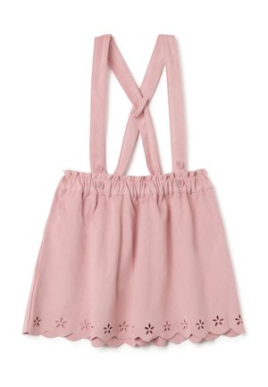 Roze stoffen jurk met verstelbare kruislings geplaatste bandjes, gathered taille en een scalloped zoom met bloemen uitsneden.