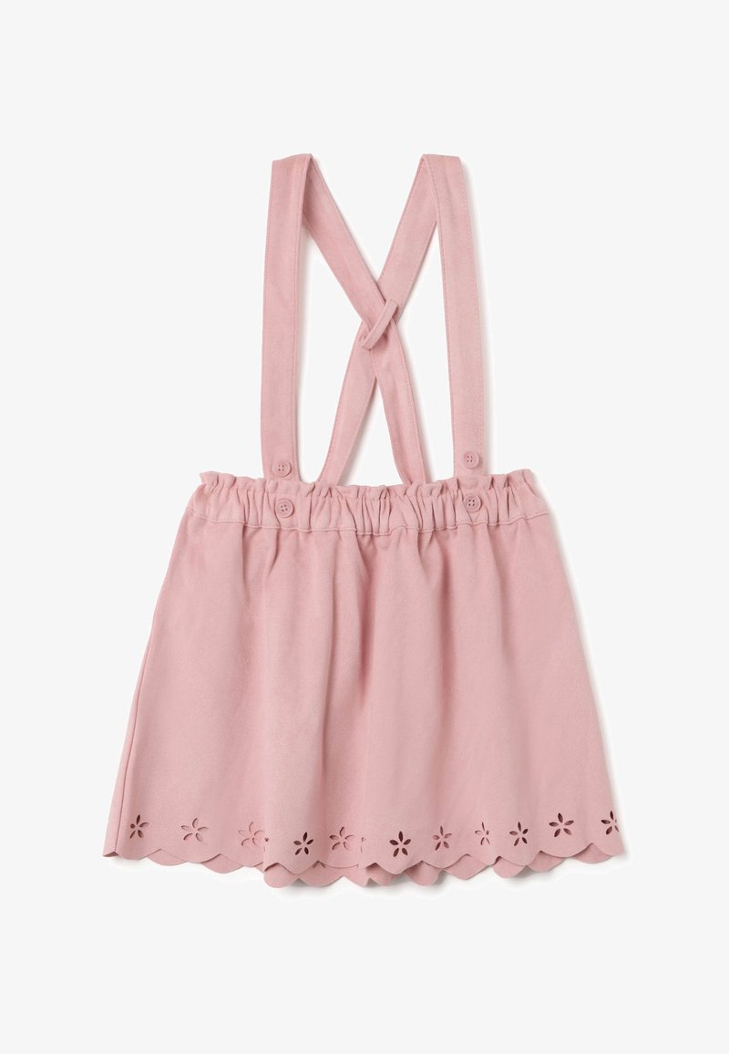 Robe en tissu rose avec des bretelles croisées réglables, taille froncée et ourlet festonné avec des motifs floraux découpés.