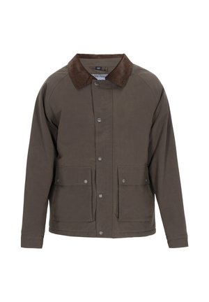 Bruine buitenjas met een knoopsluiting aan de voorkant, twee grote voorkwabben en een contrasterende bruine corduroy kraag. Glad textuur, casual ontwerp.