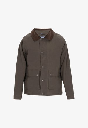 Barna külső dzseki gombos elülső résszel, két nagy elülső zsebbel, és kontrasztos barna kordbársony gallérral. Simább textúra, laza dizájn.