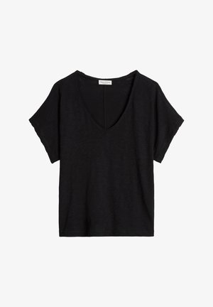 Black short-sleeve V-neck T-shirt with loose fit and Marc O'Polo label at the neckline, displayed on white background.