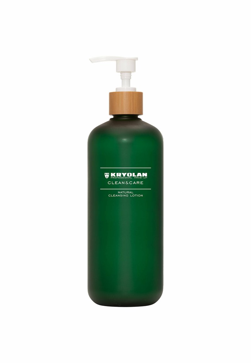 Green glass bottle with a pump dispenser and wooden cap. Label reads "KRYOLAN CLEAN&CARE NATURAL CLEANSING LOTION." Smooth texture.
