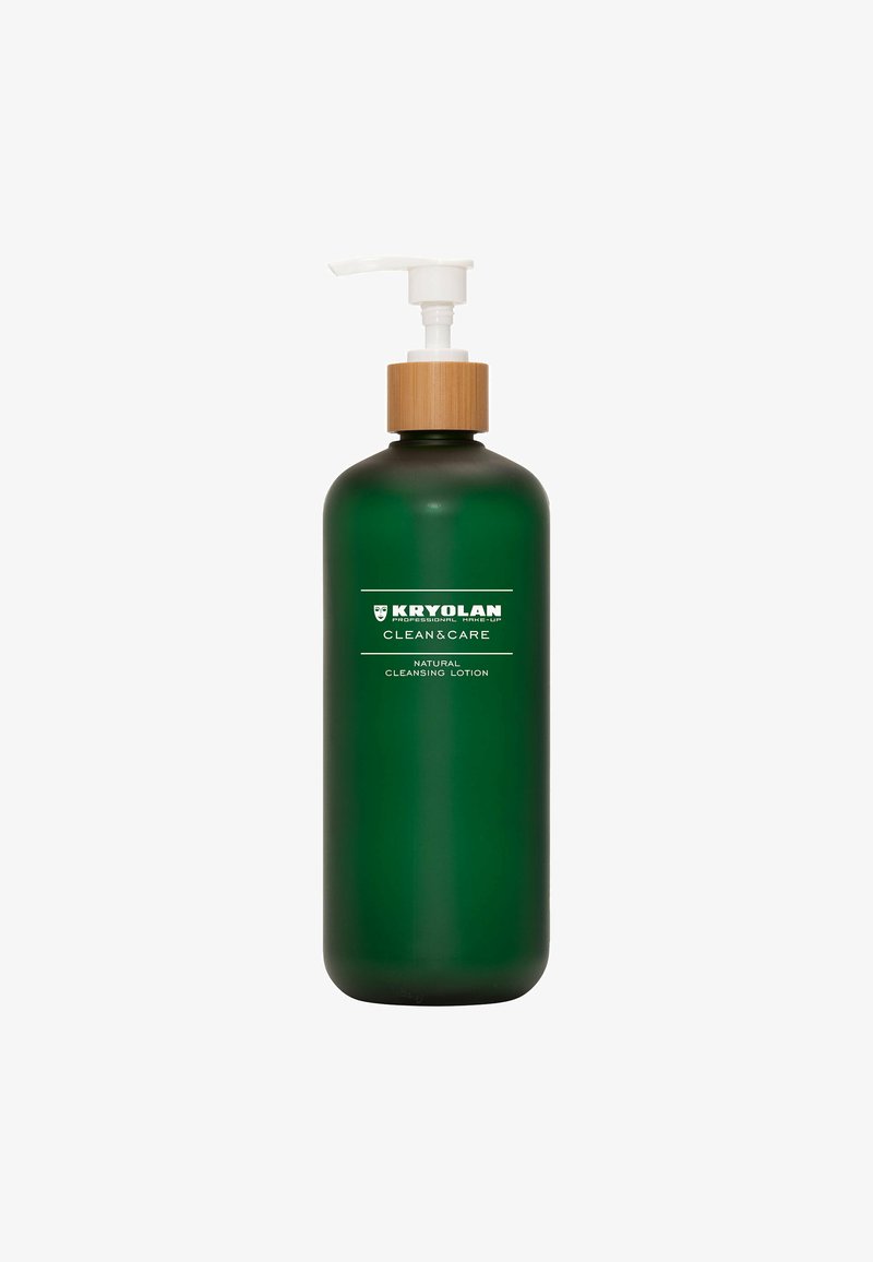 Green glass bottle with a pump dispenser and wooden cap. Label reads "KRYOLAN CLEAN&CARE NATURAL CLEANSING LOTION." Smooth texture.