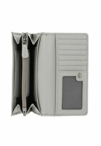 Portefeuille en cuir gris avec plusieurs emplacements pour cartes, un compartiment zippé et une fenêtre transparente pour ID. Intérieur texturé, design épuré.