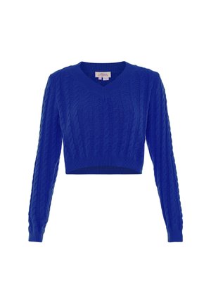 Pulover scurt cu decolteu în V de culoare albastră strălucitoare, prezentând un design texturat cu model de cablu și mâneci lungi cu tivuri și margini ribbate.