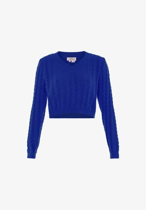 Skórzany sweter w jasnoniebieskim kolorze z dekoltem w kształcie V, posiadający strukturalny wzór w warkocze oraz długie rękawy z prążkowanymi mankietami i dołem.