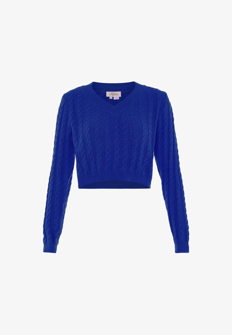 Pull en V raccourci de couleur bleu vif, présentant un motif de tricot à torsades texturé et des manches longues avec des poignets et un ourlet côtelés.