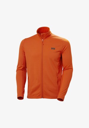 Orange zip-up jacket with a high collar, made of textured fabric. Features black logo on the left chest and zippered side pocket.