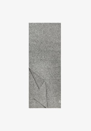 Gray felt throw blanket, rectangular shape, smooth texture, folded corner revealing a slightly darker shade, subtle stitched logo in the bottom corner.