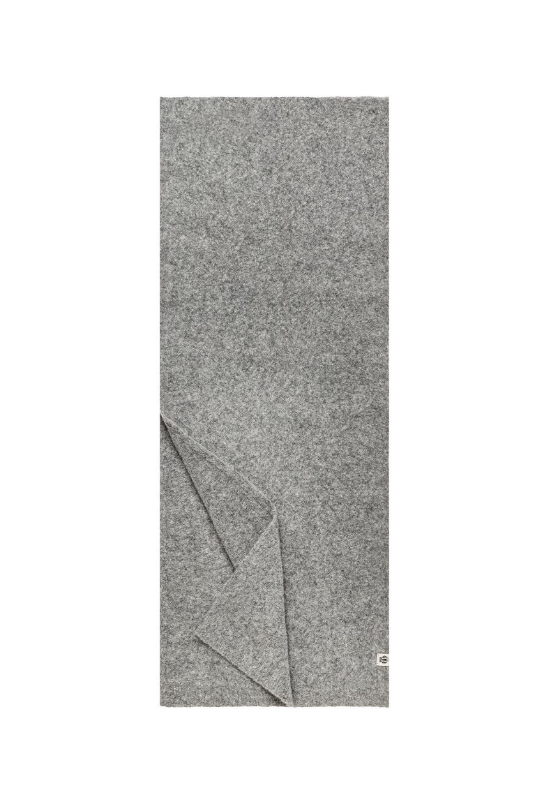 Gray felt throw blanket, rectangular shape, smooth texture, folded corner revealing a slightly darker shade, subtle stitched logo in the bottom corner.