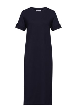 Vestido azul marino hasta la rodilla con mangas cortas remangadas y abotonadas, escote redondo, corte recto sencillo y ceñido.