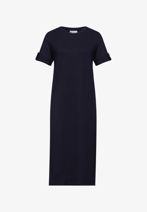 Marineblå knælange kjole med korte ærmer, der er rullede og knappede, rund halsudskæring, simpel og tætsiddende lige snit.