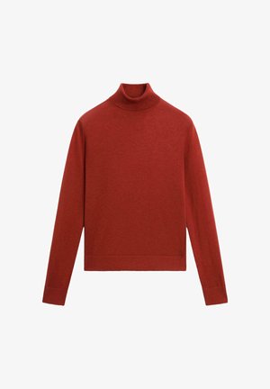 Red turtleneck sweater made of soft fabric. Features long sleeves, a fitted neck, and a cropped hem with a smooth texture.
