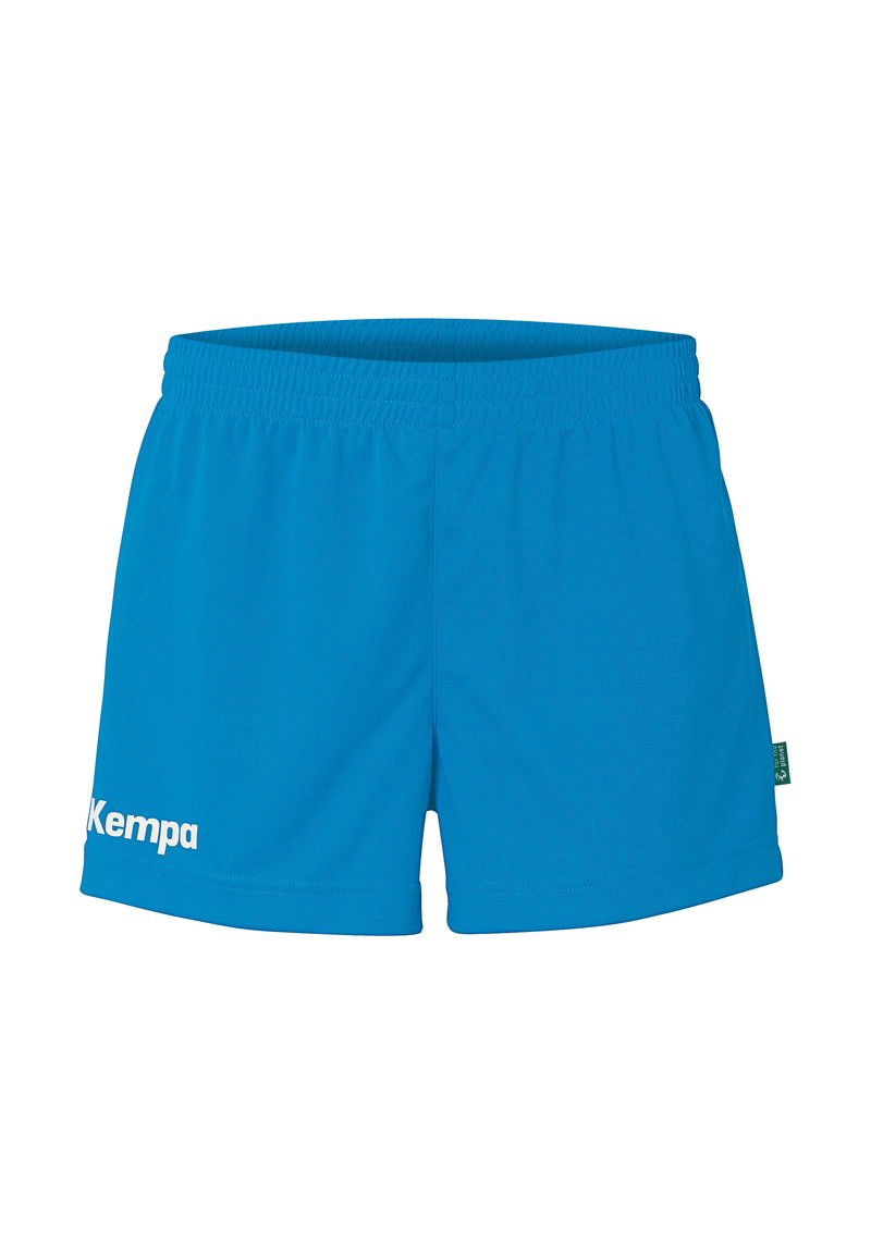 Shorts de sport bleus en tissu léger. Dotés d'une taille élastique et du logo blanc "Kempa" sur le côté gauche.