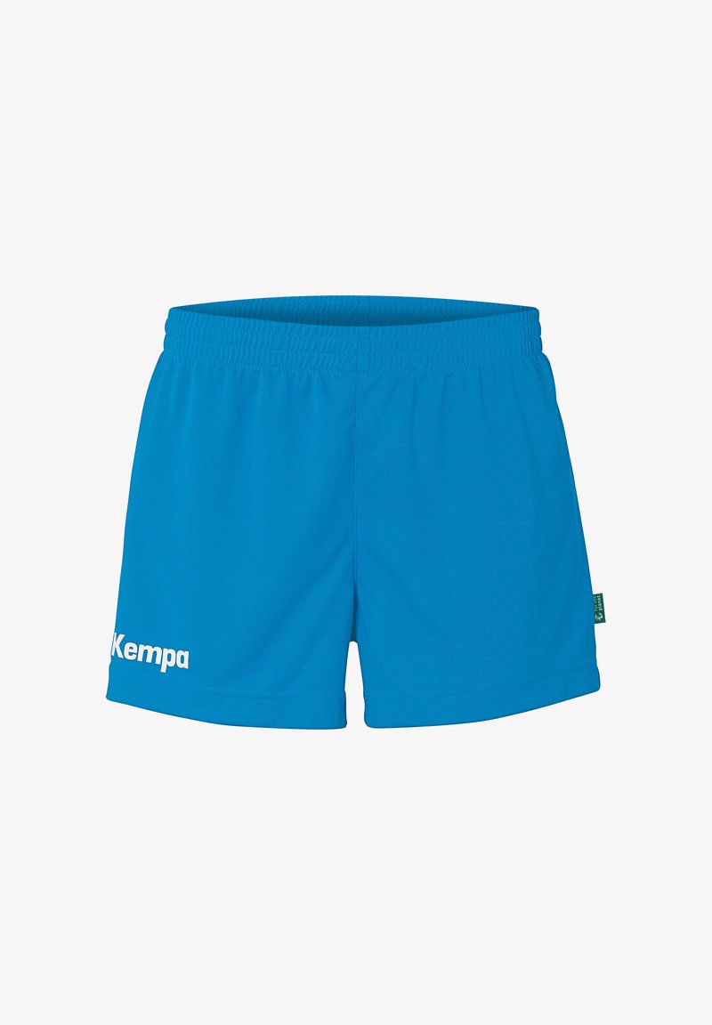 Blauwe sportshorts gemaakt van lichtgewicht stof. Voorzien van een elastische tailleband en een wit "Kempa" logo aan de linkerkant.