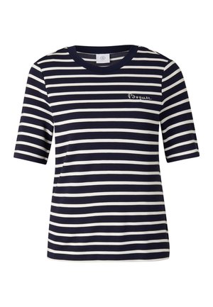 Tričko s krátkými rukávy s vodorovnými pruhy v námořnické modré a bílé barvě, kulatým výstřihem a malým lehce psaným logem na levé straně hrudi.
