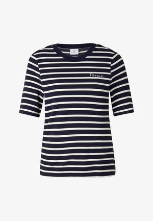 Navyblauw-wit horizontaal gestreept shirt met korte mouwen, ronde halslijn en een klein cursief logo op de linkerborst.