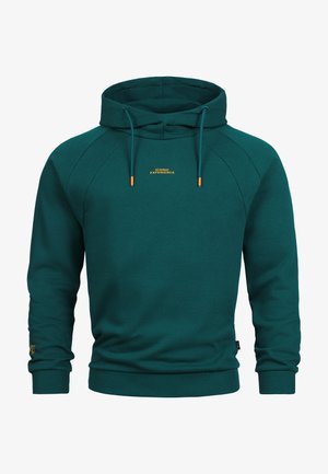 Sweatshirt à capuche bleu sarcelle avec poche avant, embouts de cordon orange, et petit texte jaune indiquant "ICONIC EXPERIENCE" sur la poitrine.
