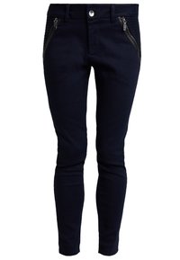 Mörkblå slim-fit byxor med vadderade knäpaneler och svarta dragkedjefickor framtill, knapp och bältesöglor.