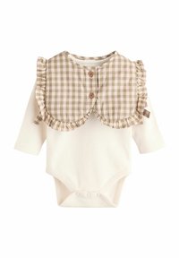 Bodysuit za bebe dugih rukava od rebrastog krema materijala, sa kockastim zelenim i ružičastim volanom oko vrata, dvije drvene dugmadi i kopčanjem na dugmad.