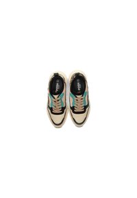 Baskets avec une tige en mesh beige, des accents noirs, des détails turquoise et des lacets beiges. Elles comportent une épaisse semelle blanche et un logo sur la semelle intérieure.