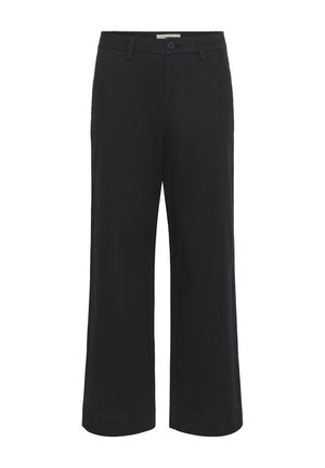 Black wide-leg pants made of smooth fabric, featuring a flat front, a button closure, and a tailored fit. Hem is stitched for durability.