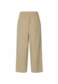 Béžové culotte kalhoty vyrobené z měkkého materiálu, s elastickým pasem a dvěma zadními kapsami, s volným a uvolněným střihem.
