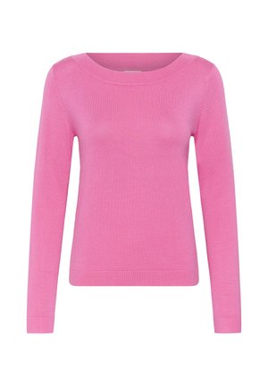 Ružový sveter s dlhým rukávom vyrobený z hladkej, ľahkej pleteniny. Má okrúhly výstrih a priliehajúce manžety, s jednoduchým dizajnom.