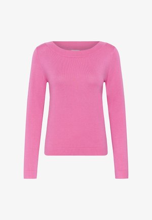 Maglione rosa a maniche lunghe realizzato in un tessuto knit morbido e leggero. Presenta un colletto rotondo e polsini aderenti, con un design semplice.