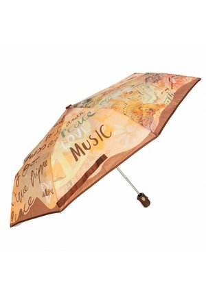 Składany parasol z beżowo-pomarańczowym daszkiem w desenie, na którym widnieją napisy takie jak "Pokój", "Miłość" i "Muzyka", a także brązowe akcenty. Metalowa rama.