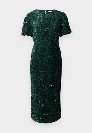 Vestido verde de lentejuelas con silueta ajustada, mangas cortas abullonadas y cierre con ojal en la parte trasera. Textura suave con un acabado brillante.