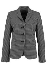 Svart-och-vit rutigt blazer med snibbkrage, enkelknäppt knäppning, två framfickor och en skräddarsydd passform.