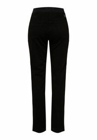 Schwarze Denim-Hose mit geradem Schnitt. Verfügt über einen Bund mit elastischem Einsatz, zwei Gesäßtaschen und dezente Nähte.