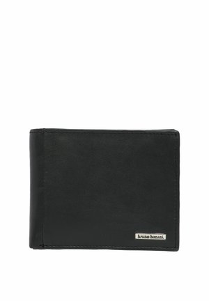 Zwart leren bi-fold portemonnee met zichtbare stiksels en een klein metalen 'bruno banani' logoplaatje rechtsonder.