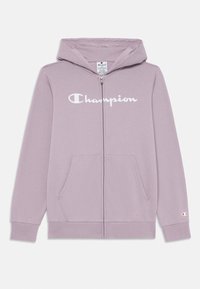 Svetlofialová mikina na zips vyrobená z mäkkého materiálu. Obsahuje prednú kapsu, biely logo "Champion" a rebrované manžety a lem.