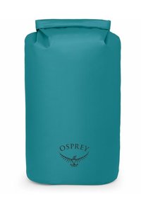 Bolsa seca impermeable de color azul verdoso con cierre enrollable, superficie texturizada y logotipo de Osprey en negro. Diseño cilíndrico y duradero para uso al aire libre.