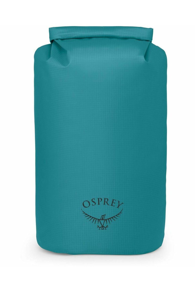 Bolsa seca impermeable de color azul verdoso con cierre enrollable, superficie texturizada y logotipo de Osprey en negro. Diseño cilíndrico y duradero para uso al aire libre.