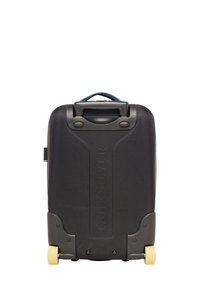 Black hard-shell suitcase with a textured surface, featuring a top handle and two yellow wheels. Embossed logo on the front.