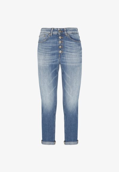 Jeans in denim azzurro chiaro con vita alta, chiusura frontale a cinque bottoni, gamba dritta e orli arrotolati, caratterizzati da un leggero effetto di scolorimento.