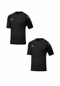 Schwarze, kurzärmlige Sportshirts mit Rundhalsausschnitt, subtilen Logos auf der Brust und gemusterten Akzenten an den Ärmeln.