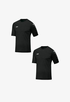 Schwarze, kurzärmlige Sportshirts mit Rundhalsausschnitt, subtilen Logos auf der Brust und gemusterten Akzenten an den Ärmeln.