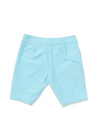 Shorts bleu clair en tissu lisse et extensible. Comprend des poches avant et une poche cargo latérale avec des coutures plates et une coupe mi-longue.