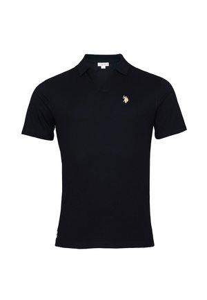 Tricou polo negru cu mâneci scurte, cu guler și cu un mic logo bej brodat cu un jucător de polo pe partea stângă a pieptului.