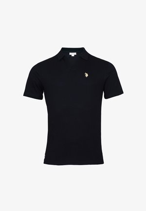 Fekete, rövid ujjú galléros póló, bal oldalon a mellrészen egy kis bézs színű, hímzett lovaspólós logóval.