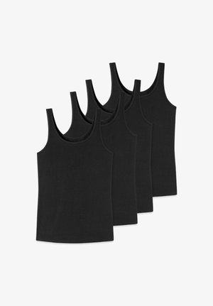 Fünf schlichte schwarze ärmellose Tanktops, die in zwei sich überlappenden Reihen auf weißem Hintergrund angeordnet sind.